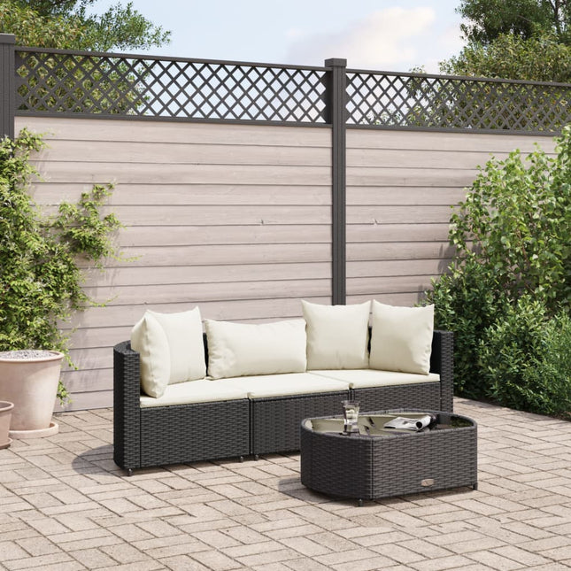 4-delige Loungeset met kussens poly rattan zwart