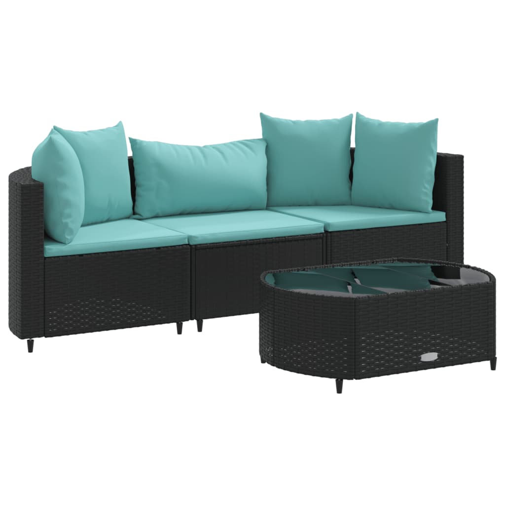 4-delige Loungeset met kussens poly rattan zwart