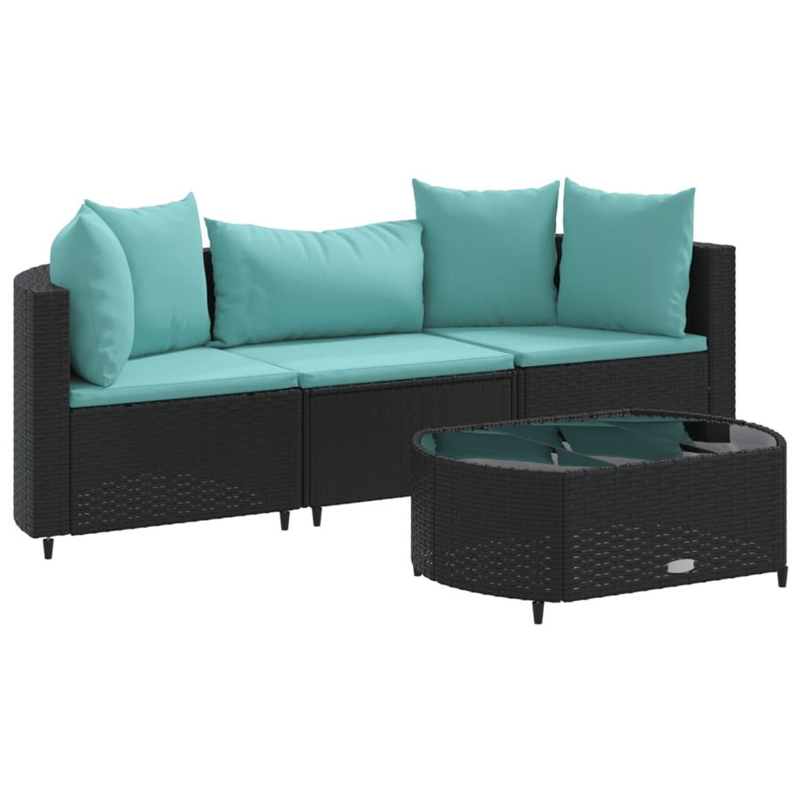 4-delige Loungeset met kussens poly rattan zwart