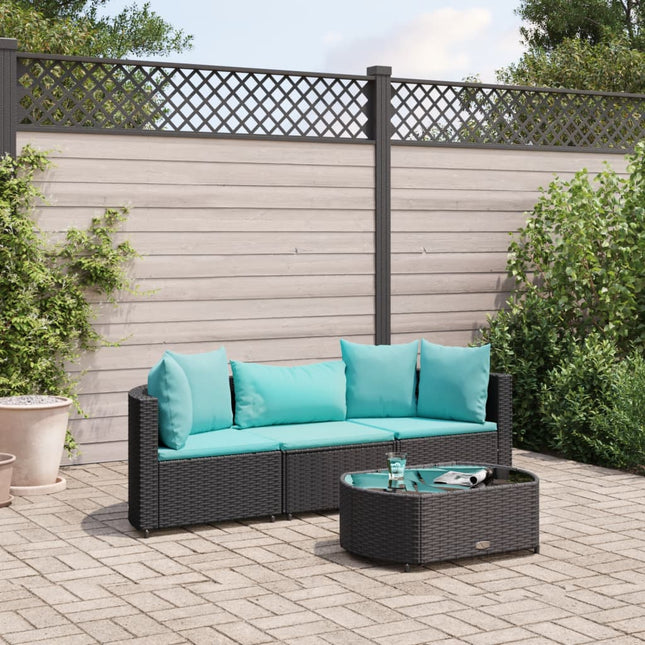 4-delige Loungeset met kussens poly rattan zwart