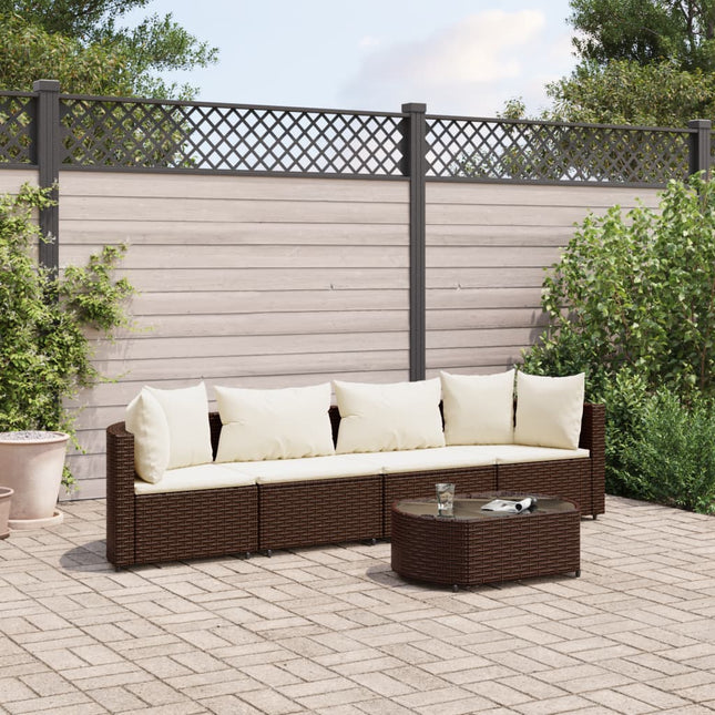 5-delige Loungeset met kussens poly rattan bruin