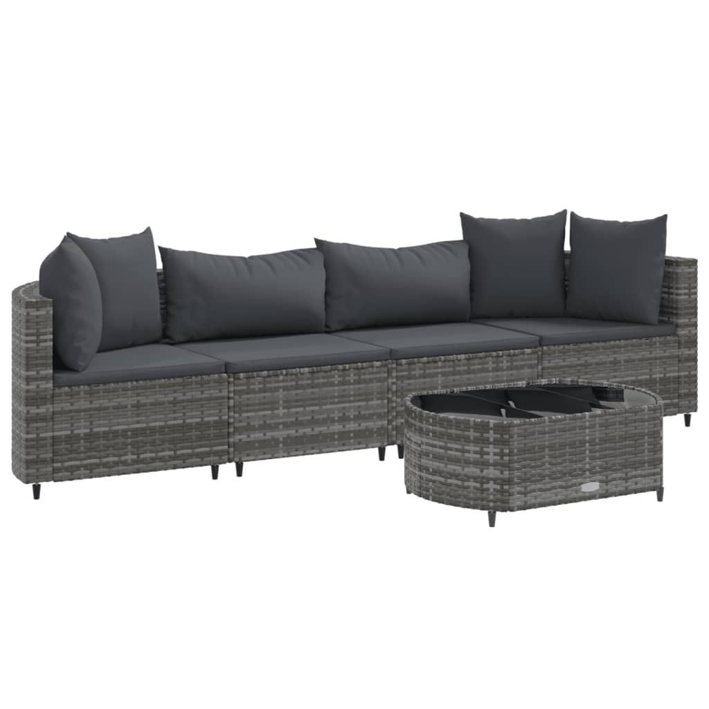 5-delige Loungeset met kussens poly rattan grijs