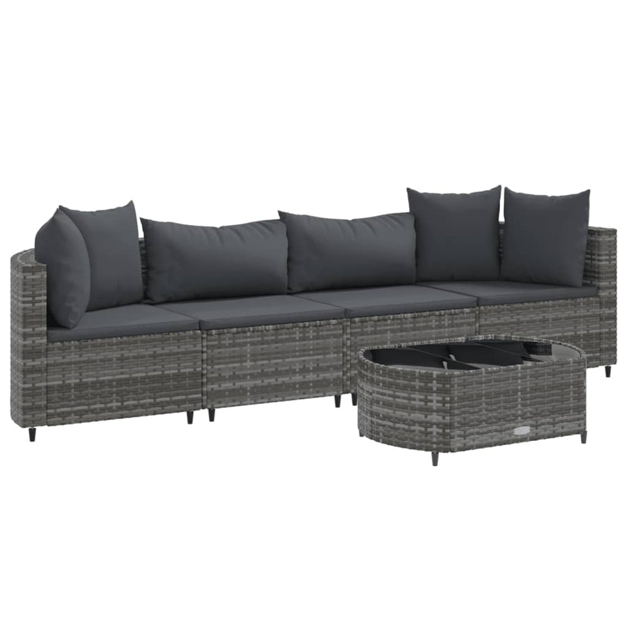 5-delige Loungeset met kussens poly rattan grijs