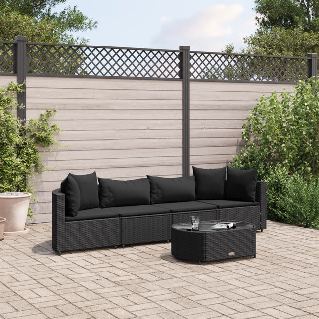 5-delige Loungeset met kussens poly rattan zwart