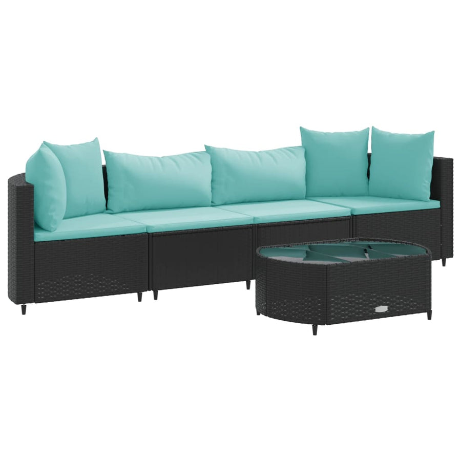 5-delige Loungeset met kussens poly rattan zwart