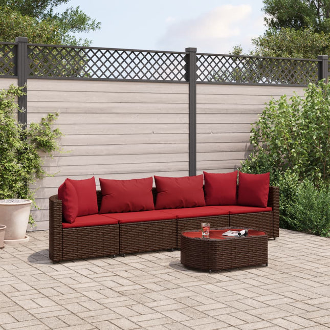 5-delige Loungeset met kussens poly rattan bruin