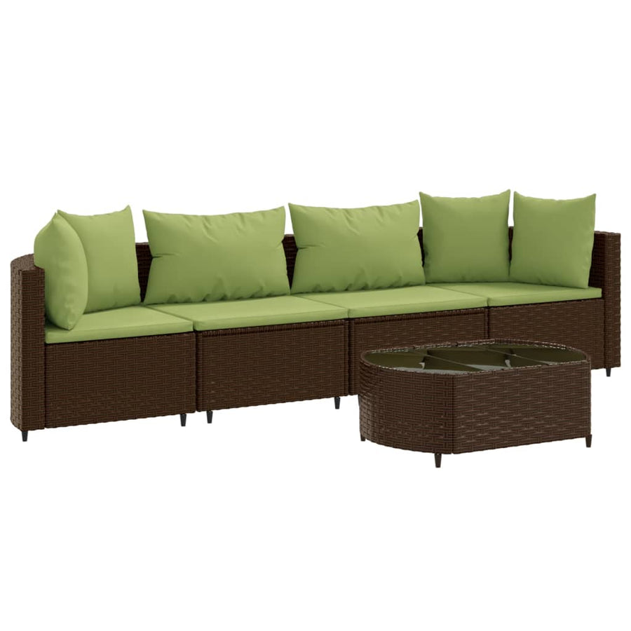5-delige Loungeset met kussens poly rattan bruin