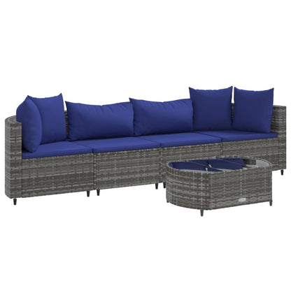5-delige Loungeset met kussens poly rattan grijs