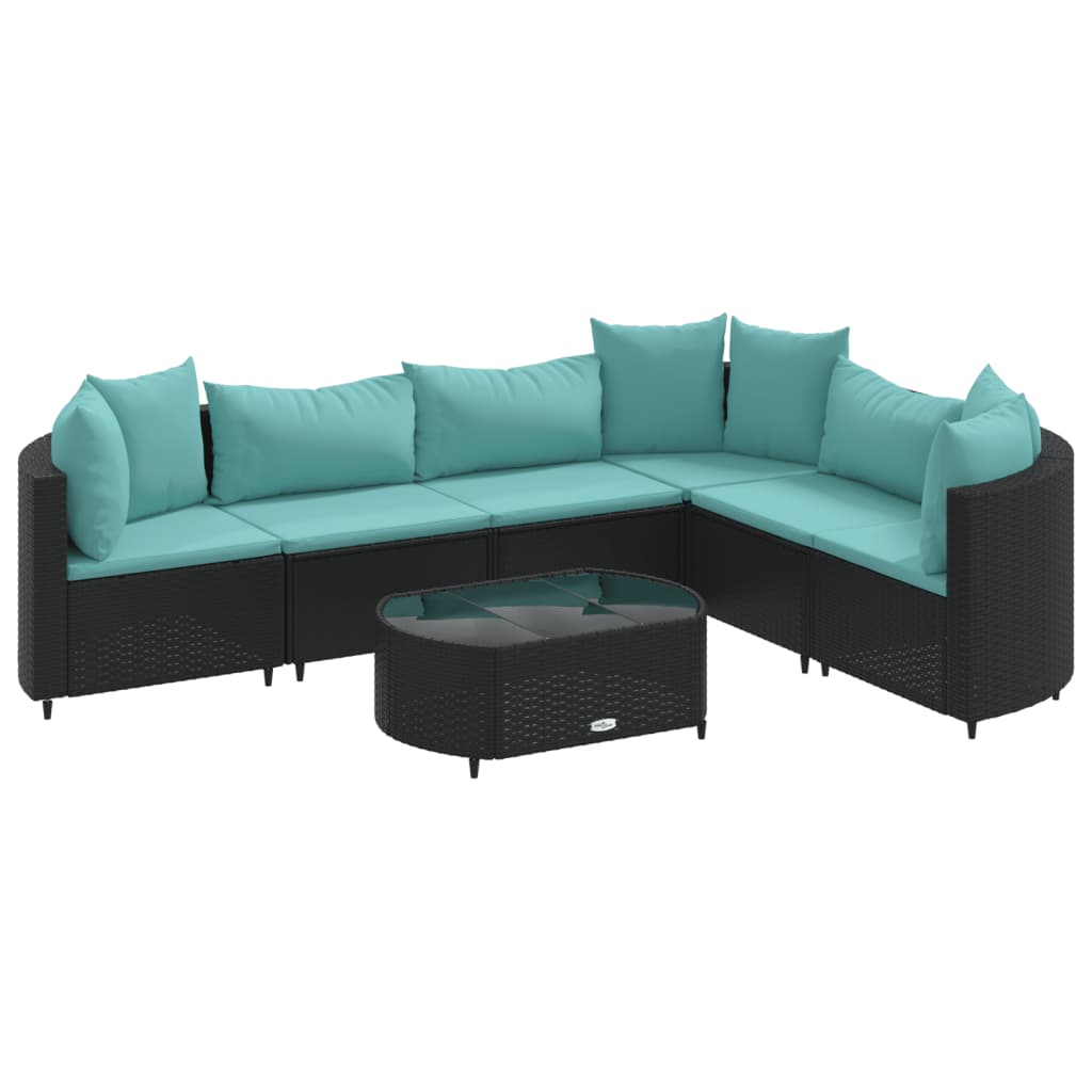 7-delige Loungeset met kussens poly rattan zwart