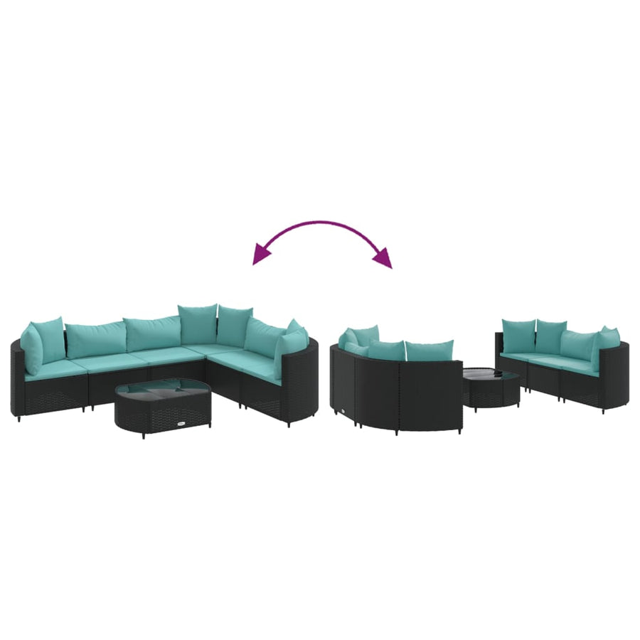 7-delige Loungeset met kussens poly rattan zwart