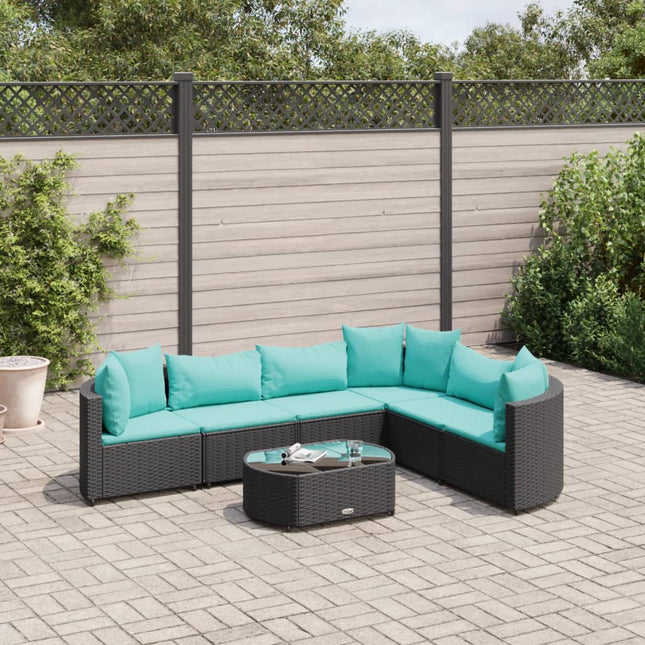 7-delige Loungeset met kussens poly rattan zwart