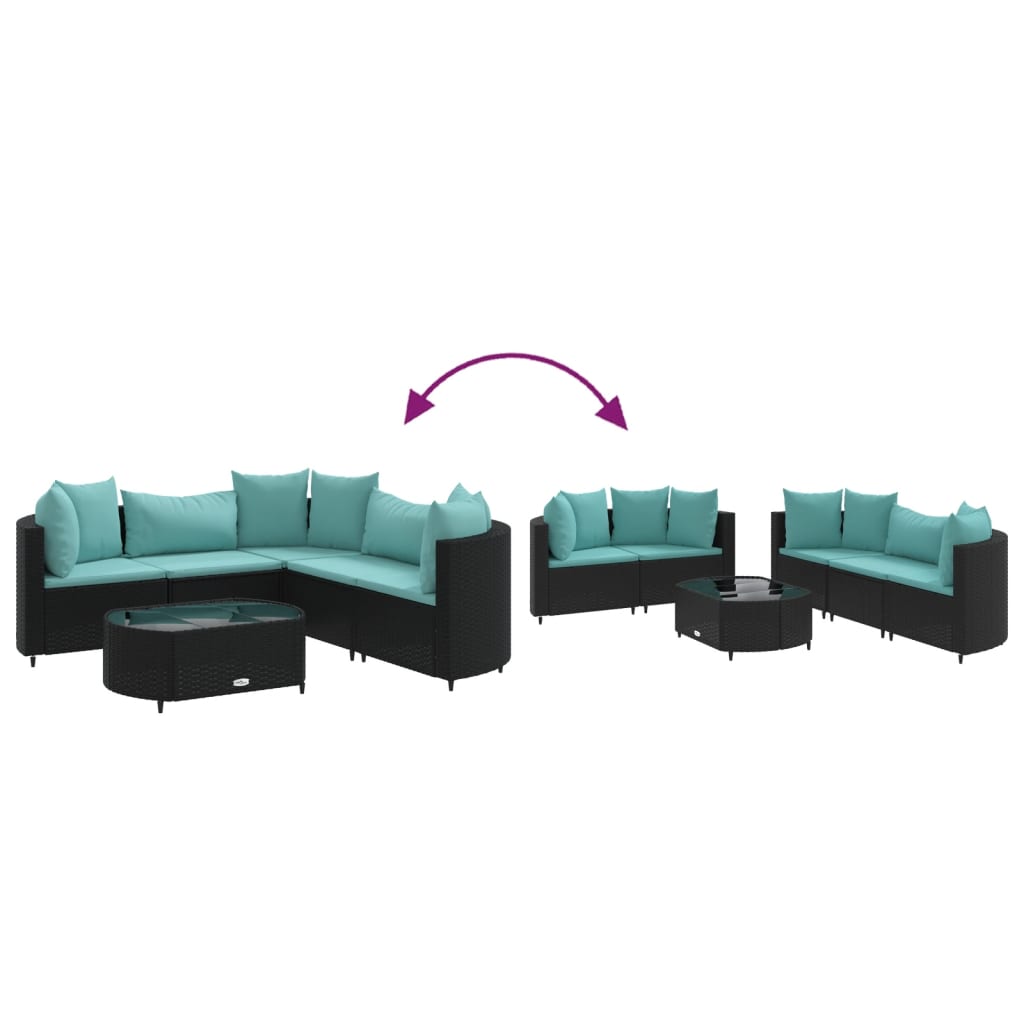 6-delige Loungeset met kussens poly rattan zwart