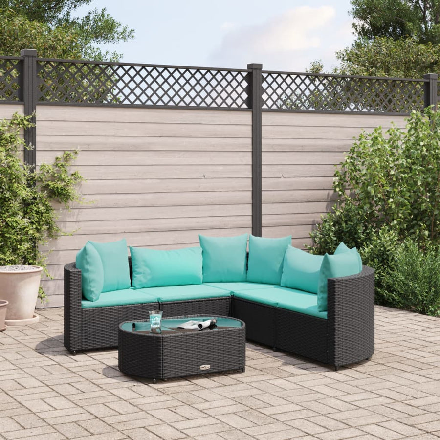 6-delige Loungeset met kussens poly rattan zwart