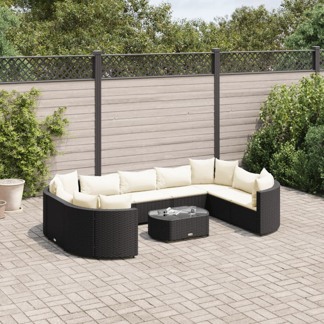 10-delige Loungeset met kussens poly rattan zwart