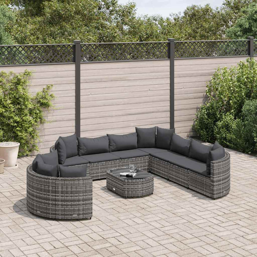 10-delige Loungeset met kussens poly rattan grijs