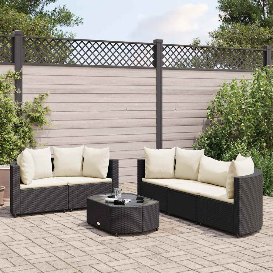 Loungeset Met Kussens Poly Rattan Zwart en crème