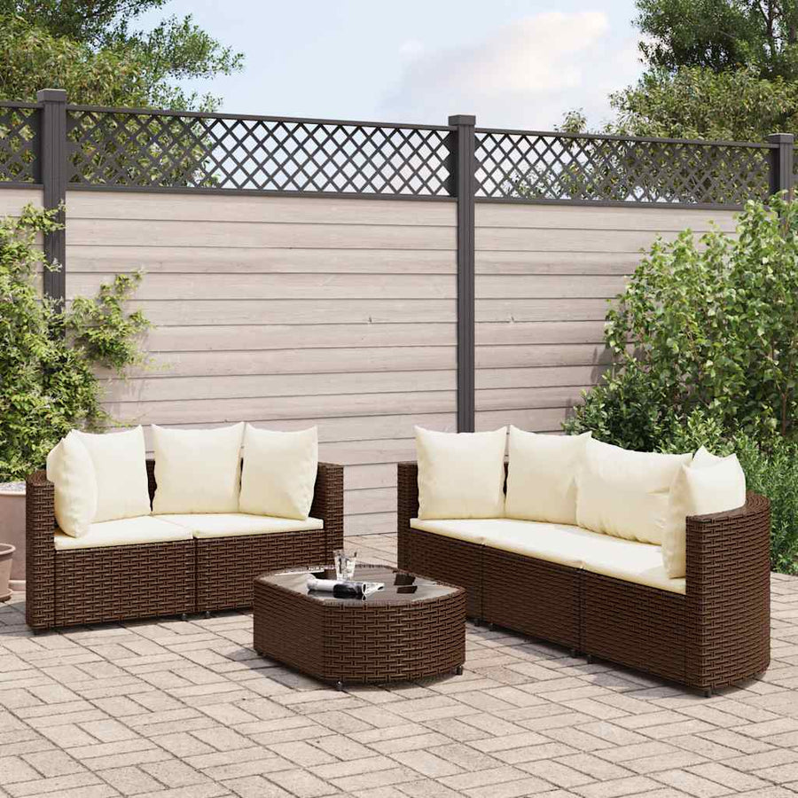 Loungeset Met Kussens Poly Rattan Bruin en crème