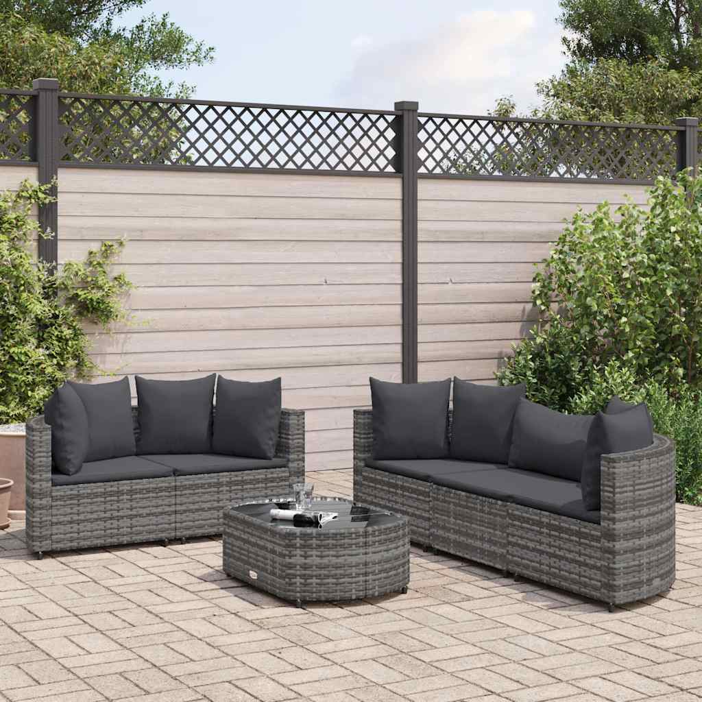 6-delige Loungeset met kussens poly rattan grijs