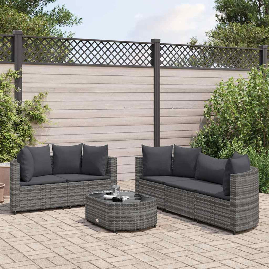 6-delige Loungeset met kussens poly rattan grijs