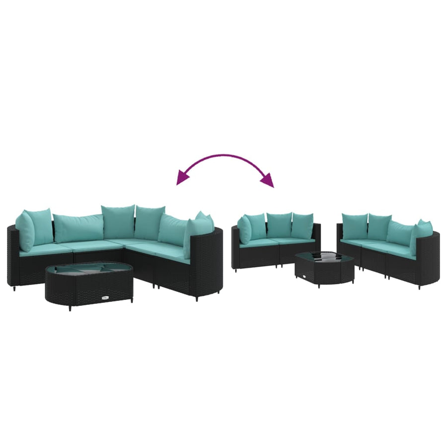 6-delige Loungeset met kussens poly rattan zwart