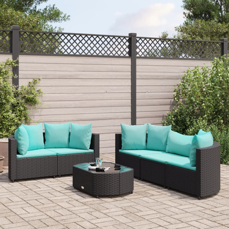 6-delige Loungeset met kussens poly rattan zwart