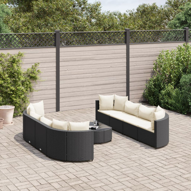 9-delige Loungeset met kussens poly rattan zwart