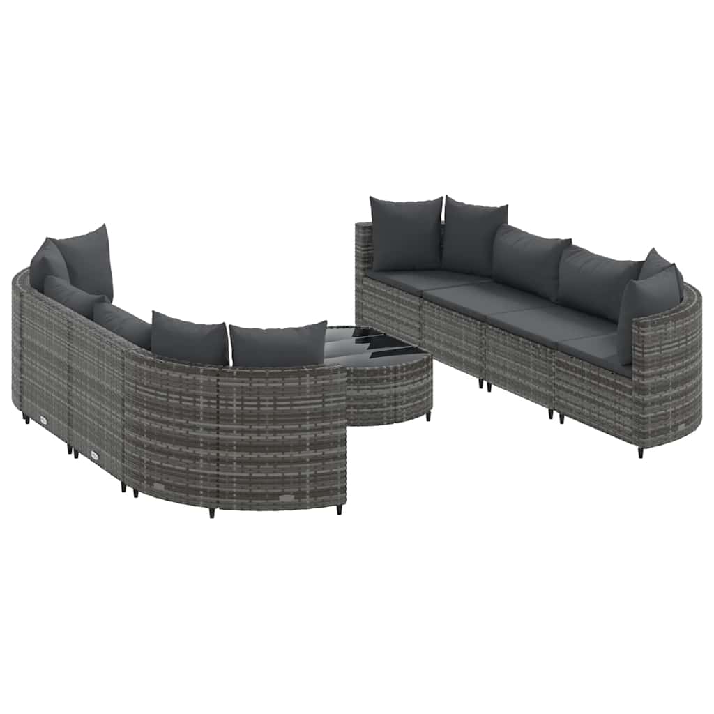 9-delige Loungeset met kussens poly rattan grijs
