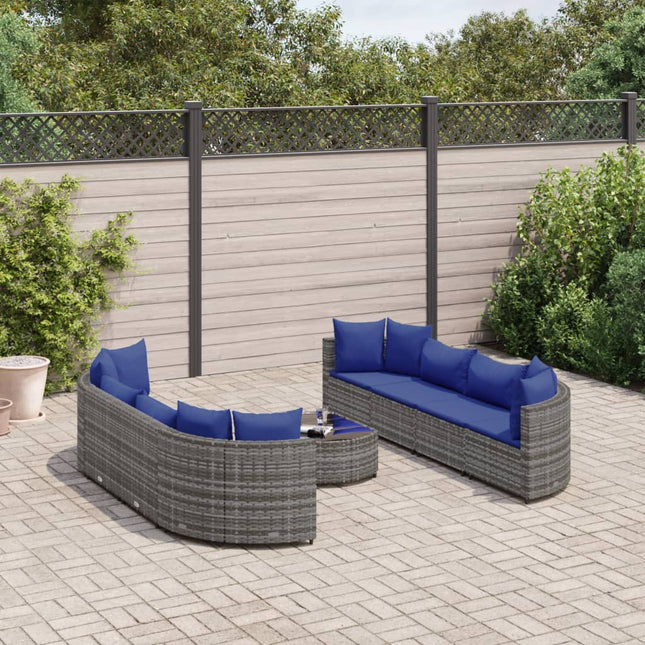 9-delige Loungeset met kussens poly rattan grijs