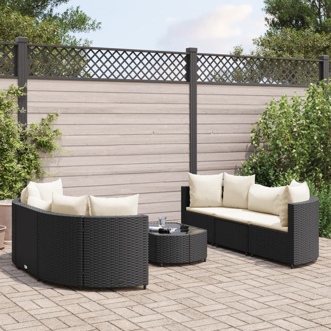 7-delige Loungeset met kussens poly rattan zwart