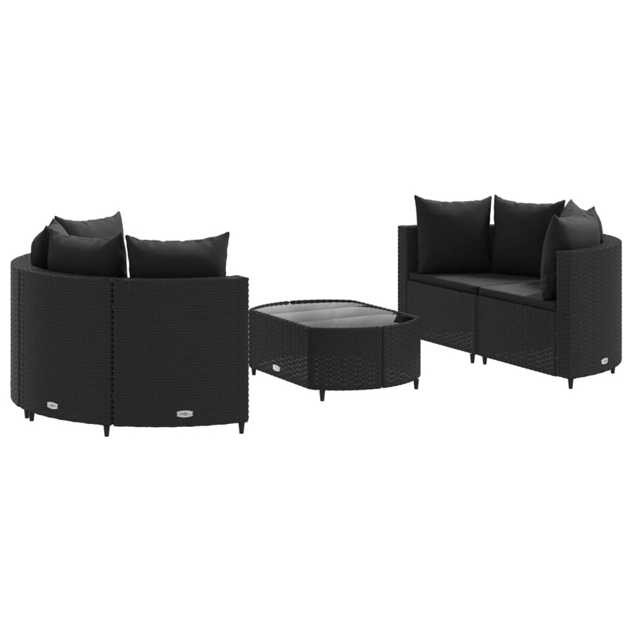 5-delige Loungeset met kussens poly rattan zwart