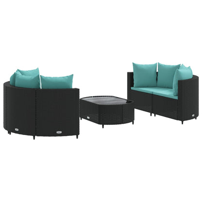 5-delige Loungeset met kussens poly rattan zwart