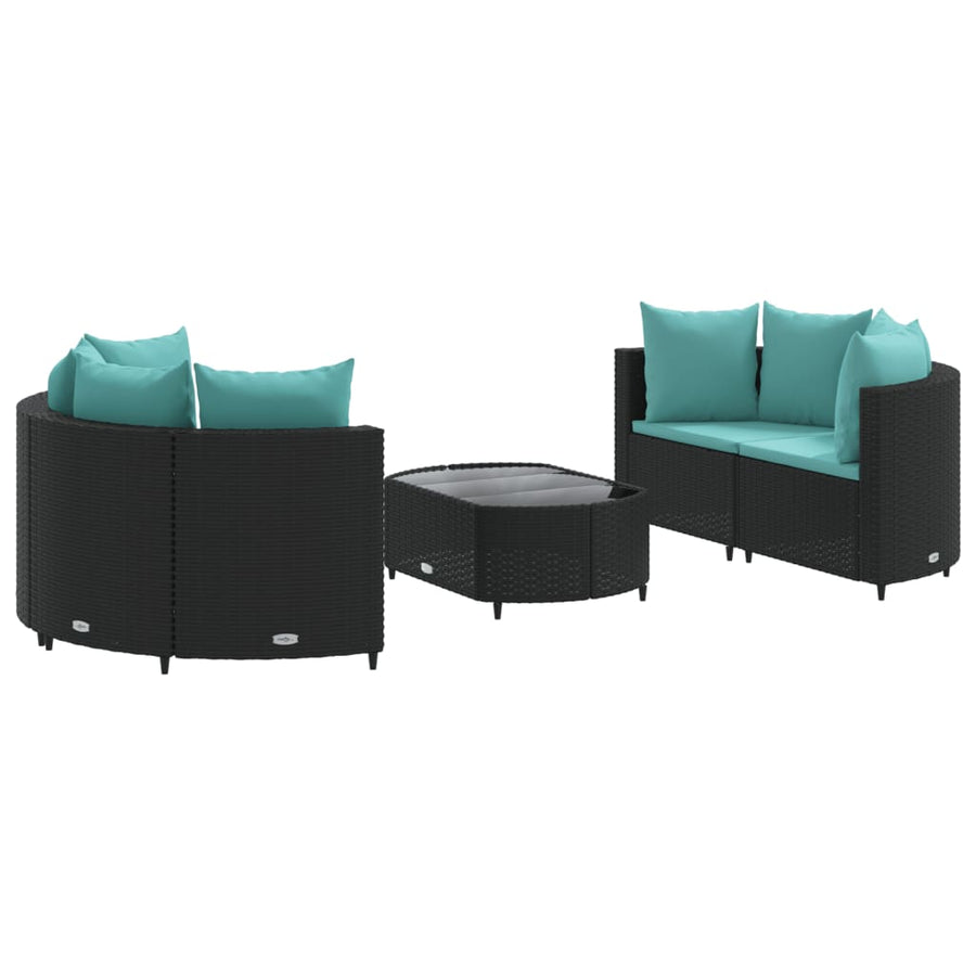 5-delige Loungeset met kussens poly rattan zwart