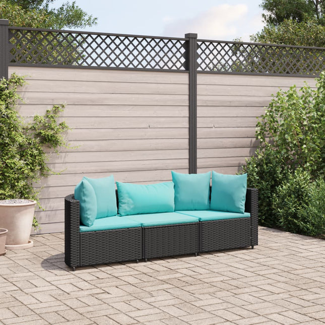 3-delige Loungeset met kussens poly rattan zwart