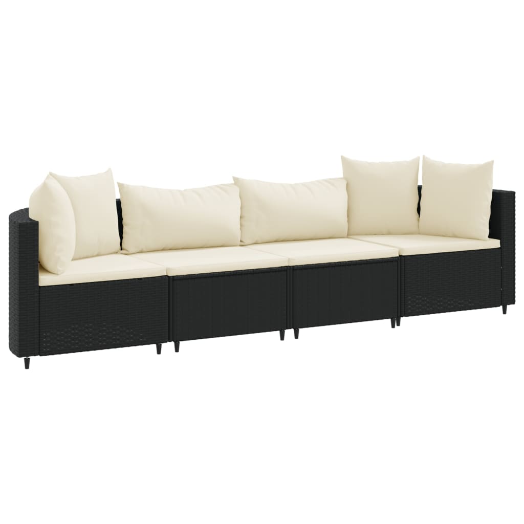 4-delige Loungeset met kussens poly rattan zwart