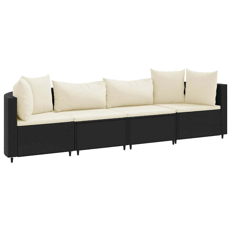 4-delige Loungeset met kussens poly rattan zwart
