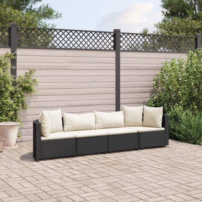 4-delige Loungeset met kussens poly rattan zwart