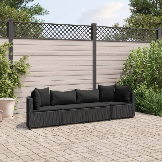 4-delige Loungeset met kussens poly rattan zwart