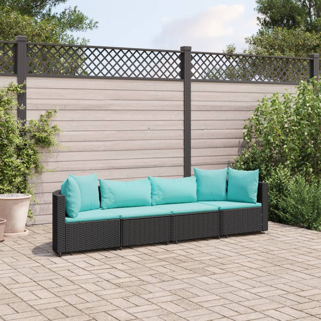 4-delige Loungeset met kussens poly rattan zwart