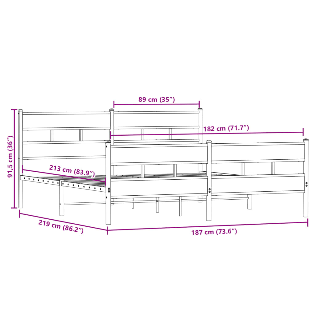 Bedframe zonder matras metaal gerookt eikenkleurig 183x213 cm