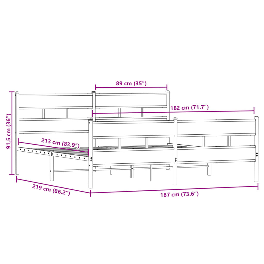 Bedframe zonder matras metaal gerookt eikenkleurig 183x213 cm