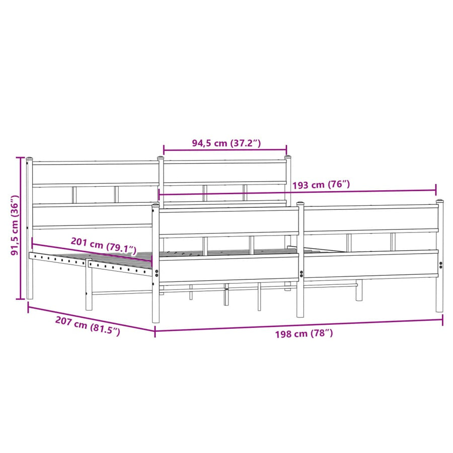 Bedframe zonder matras metaal sonoma eikenkleurig 193x203 cm