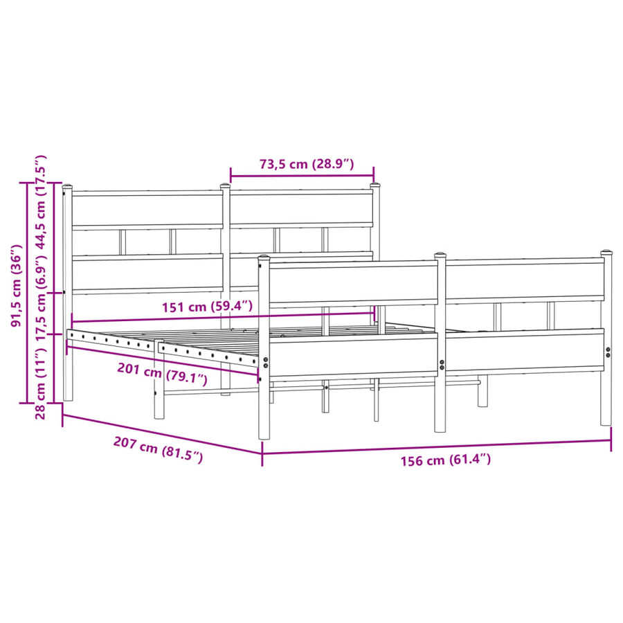 Bedframe zonder matras metaal bruin eikenkleurig 150x200 cm