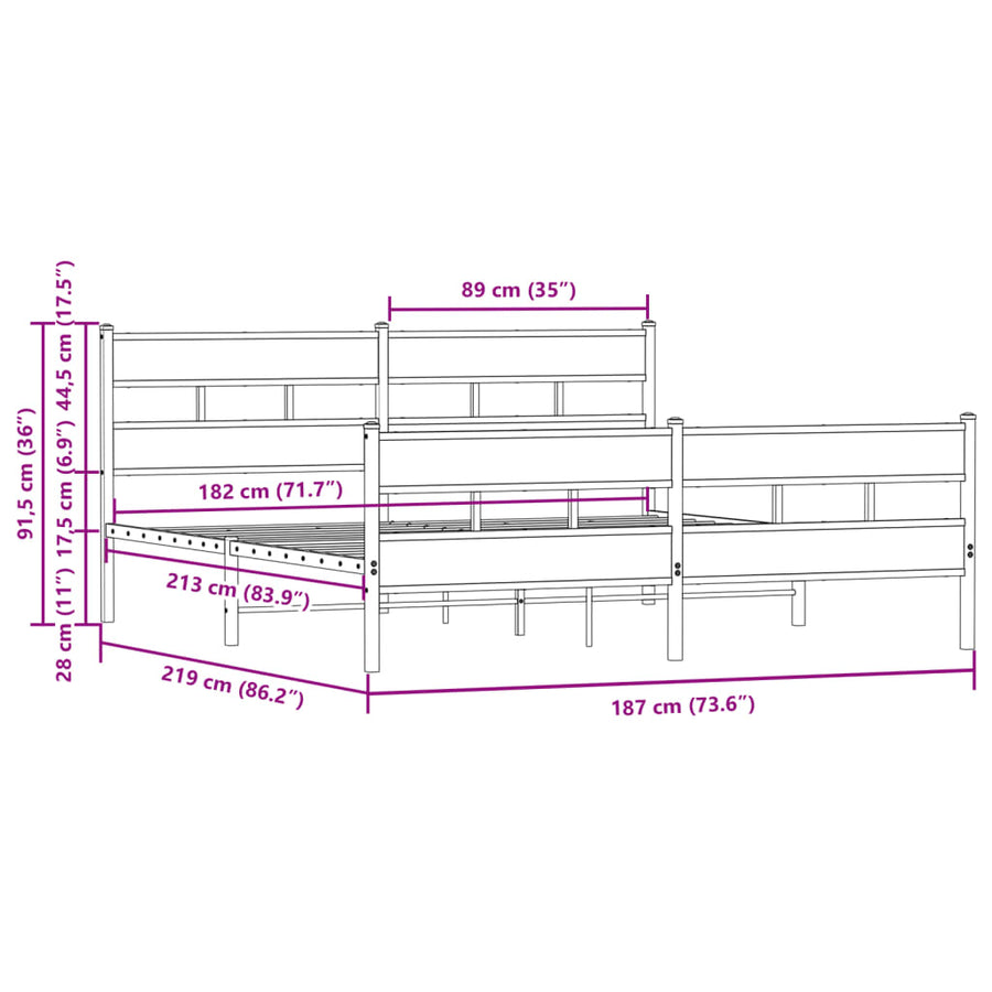 Bedframe zonder matras metaal bruin eikenkleur 183x213 cm