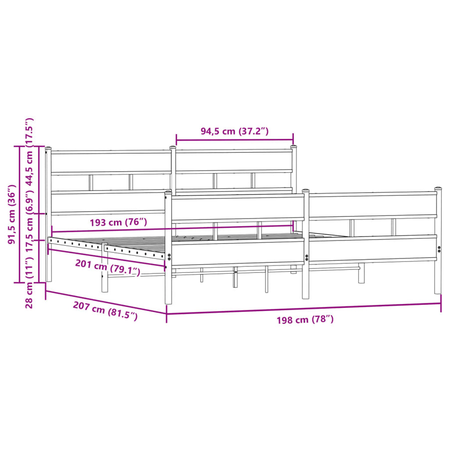 Bedframe zonder matras metaal bruin eikenkleur 193x203 cm