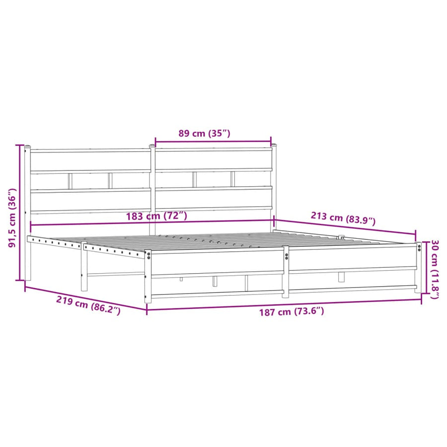 Bedframe zonder matras metaal gerookt eikenkleurig 183x213 cm