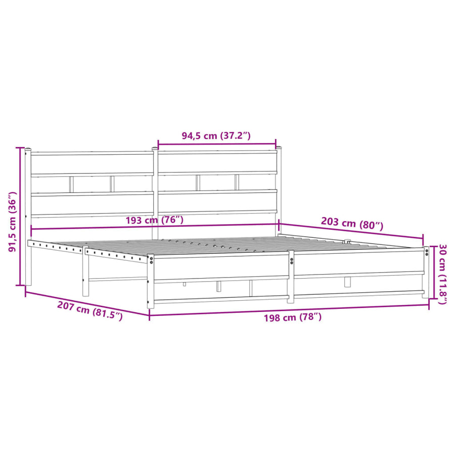 Bedframe zonder matras metaal gerookt eikenkleurig 193x203 cm
