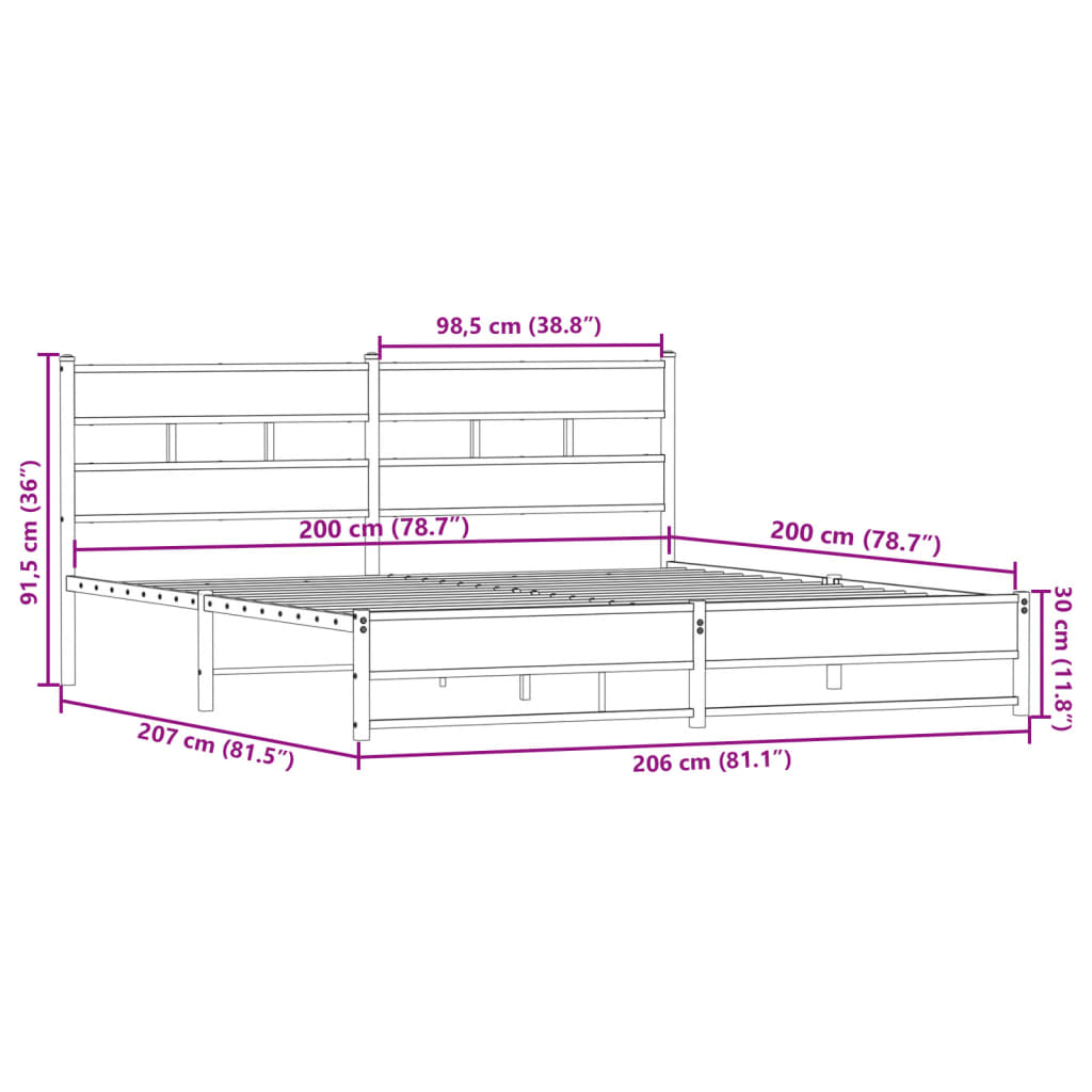 Bedframe zonder matras metaal gerookt eikenkleurig 200x200 cm