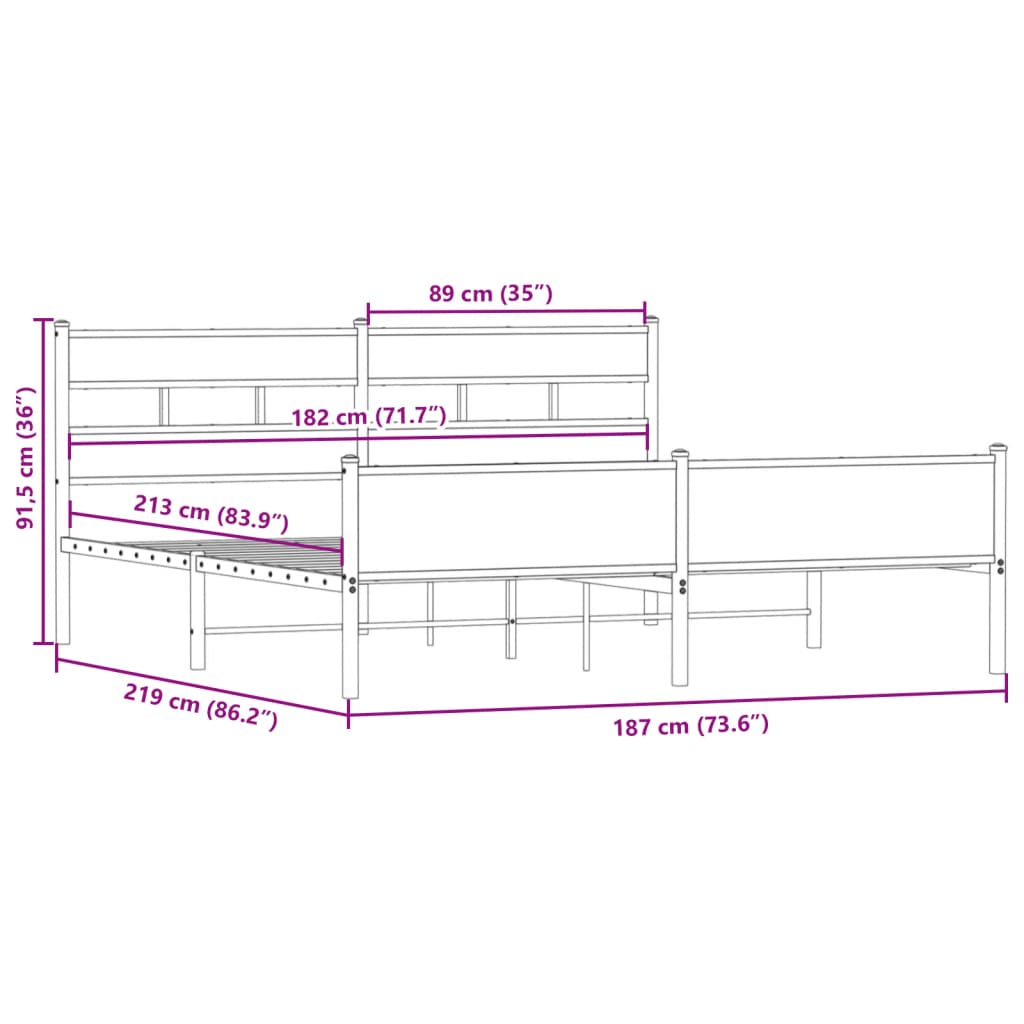 Bedframe zonder matras metaal gerookt eikenkleurig 183x213 cm
