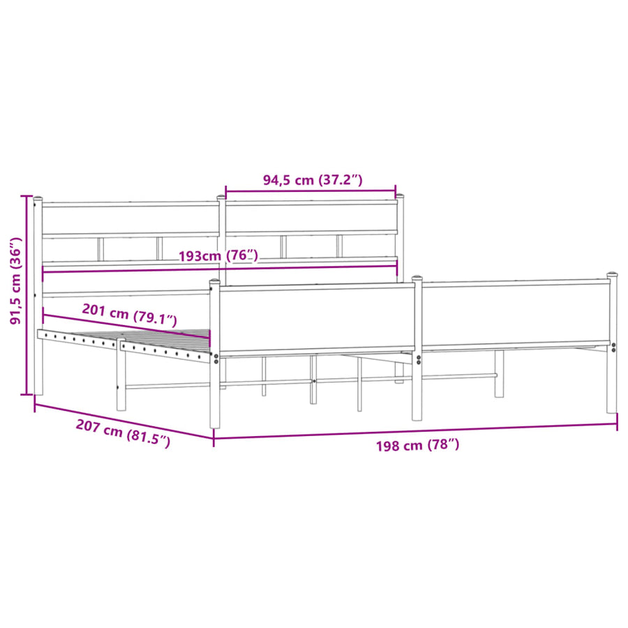 Bedframe zonder matras metaal gerookt eikenkleurig 193x203 cm