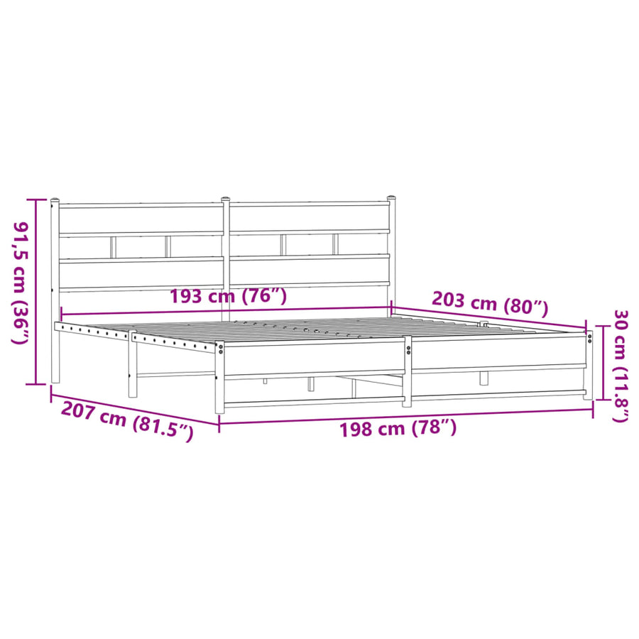 Bedframe zonder matras metaal bruin eikenkleur 193x203 cm